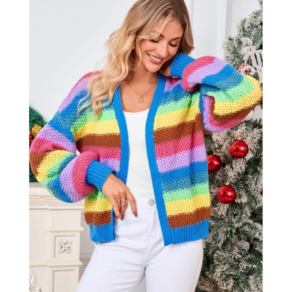 Women's Rainbow Striped Knit Cardigan V Neck Open Front Fall Sweater - Picture 7 of 7